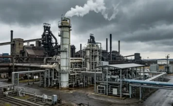 Willis Unveils Carbon Capture and Storage Insurance Solution Industrial chemical plant with a tall smokestack emitting white vapor under dark, cloudy skies, surrounded by interconnected pipes and metal structures.