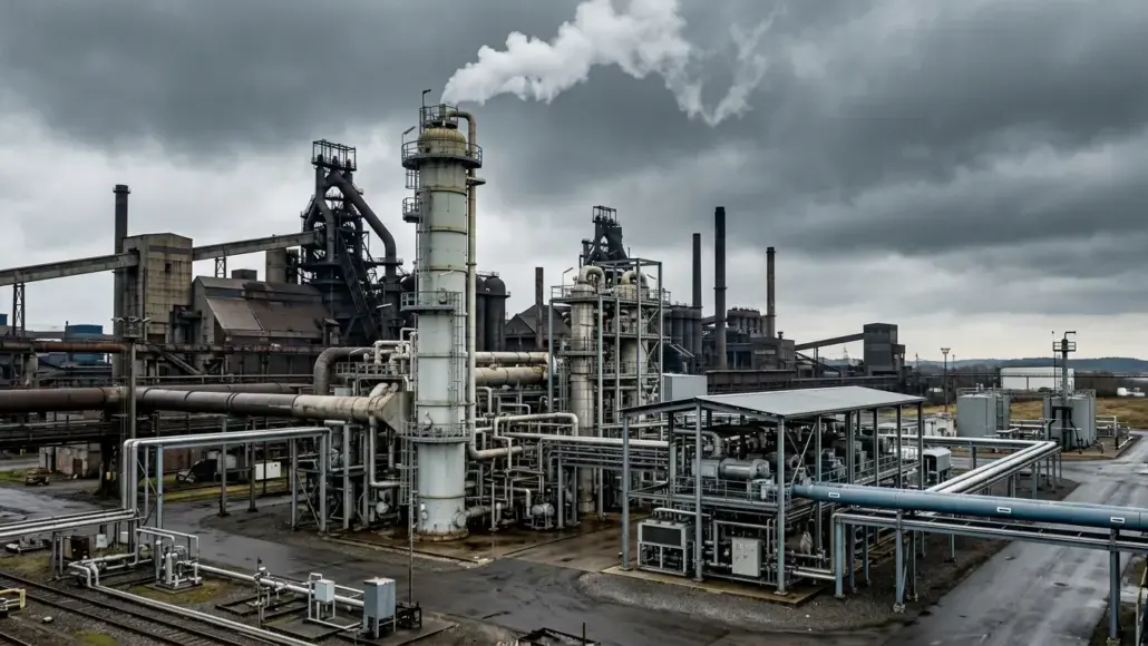 Industrial chemical plant with a tall smokestack emitting white vapor under dark, cloudy skies, surrounded by interconnected pipes and metal structures.
