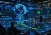 Rethinking Digital Finance Through Quantum-Grade Security Futuristic control room with a glowing holographic globe and blue digital dashboards overseeing global financial data security.