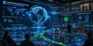 Rethinking Digital Finance Through Quantum-Grade Security Futuristic control room with a glowing holographic globe and blue digital dashboards overseeing global financial data security.