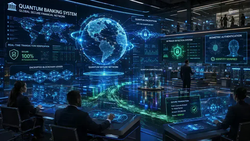Futuristic control room with a glowing holographic globe and blue digital dashboards overseeing global financial data security.
