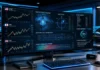 Beyond Algorithms: Quantum Trading Edge in Modern Markets Curved monitor showing a multi-panel stock trading dashboard with NYSE, TSE, LSE charts and global indices on a blue-lit desk.