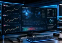 Beyond Algorithms: Quantum Trading Edge in Modern Markets Curved monitor showing a multi-panel stock trading dashboard with NYSE, TSE, LSE charts and global indices on a blue-lit desk.
