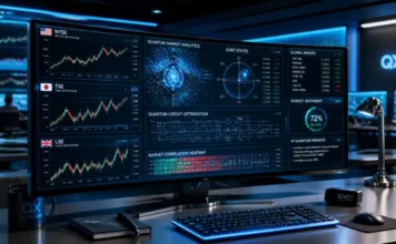 Beyond Algorithms: Quantum Trading Edge in Modern Markets Curved monitor showing a multi-panel stock trading dashboard with NYSE, TSE, LSE charts and global indices on a blue-lit desk.