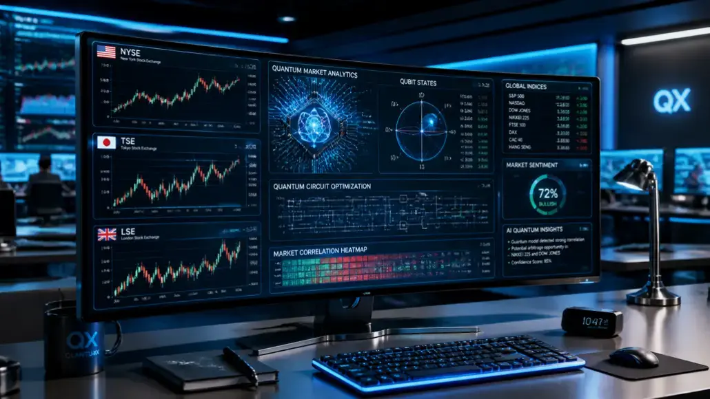 Curved monitor showing a multi-panel stock trading dashboard with NYSE, TSE, LSE charts and global indices on a blue-lit desk.