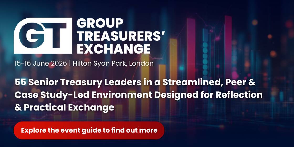 group-treasures-exchange-iqpc-el-1120x560-wfi Banner for Group Treasurers’ Exchange event: dates 15–16 June 2026, Hilton London, with a red call-to-action button reading 'Explore the event guide to find out more'.