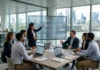 AI Governance Frameworks Supporting Responsible Finance Team of professionals in a glass-walled office watching a presenter explain a flowchart on a large screen with diagrams, overlooking the city skyline.