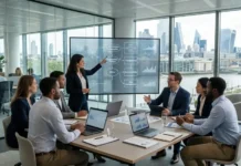 AI Governance Frameworks Supporting Responsible Finance Team of professionals in a glass-walled office watching a presenter explain a flowchart on a large screen with diagrams, overlooking the city skyline.