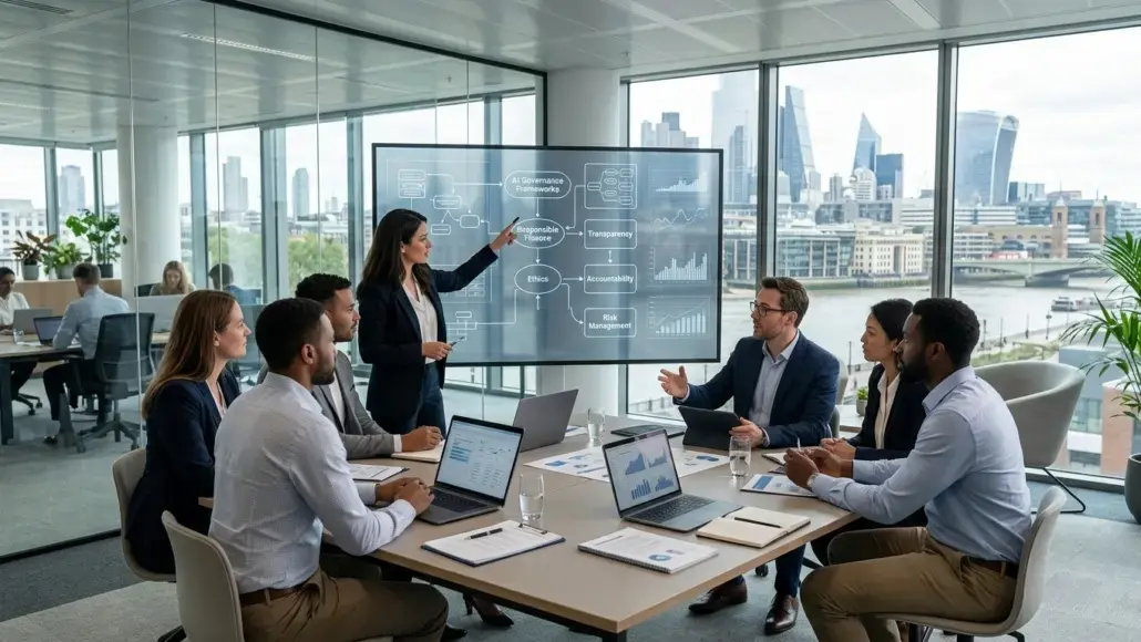 Team of professionals in a glass-walled office watching a presenter explain a flowchart on a large screen with diagrams, overlooking the city skyline.