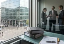 Europe Banking Sector May Raise Lending by €2tn Office desk by a window overlooking a city street; three professionals converse behind a glass partition, partially visible through the window reflection, with binders and papers on the desk.