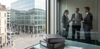Europe Banking Sector May Raise Lending by €2tn Office desk by a window overlooking a city street; three professionals converse behind a glass partition, partially visible through the window reflection, with binders and papers on the desk.