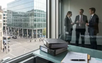 Europe Banking Sector May Raise Lending by €2tn Office desk by a window overlooking a city street; three professionals converse behind a glass partition, partially visible through the window reflection, with binders and papers on the desk.
