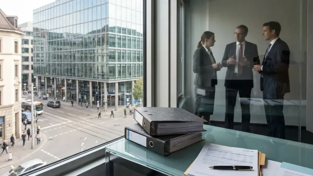 Office desk by a window overlooking a city street; three professionals converse behind a glass partition, partially visible through the window reflection, with binders and papers on the desk.