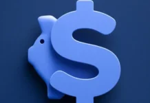 The Mattress Wallet Helps Couples Turn Good Savings Intentions Into Automatic Progress Blue 3D dollar sign on a dark blue background.