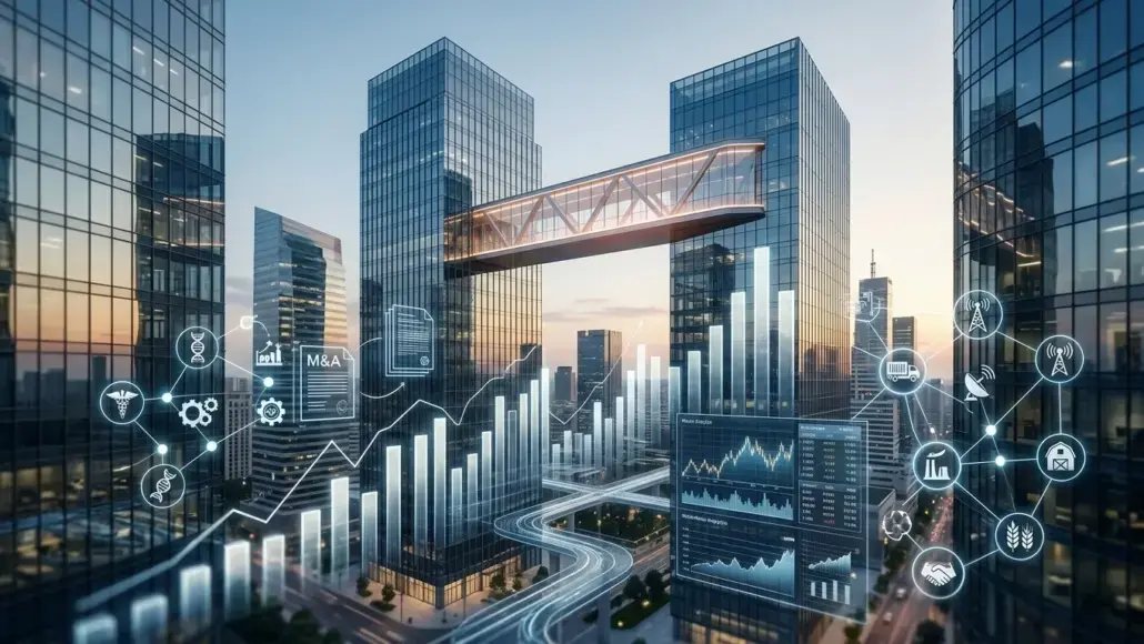 Smart city scene with glass towers, an elevated walkway, and holographic data charts showing analytics and connectivity.