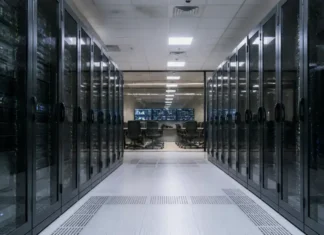 Creatio and Bayanat Expand AI Banking Automation in MENA Data center corridor flanked by glass-front server racks, leading to a control room with chairs and multiple screens at the far end.