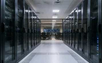 Creatio and Bayanat Expand AI Banking Automation in MENA Data center corridor flanked by glass-front server racks, leading to a control room with chairs and multiple screens at the far end.