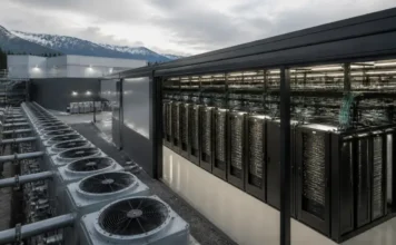 Blue Owl Leads $2.4 Billion AI Factory Financing for IREN Row of outdoor cooling units beside a data center server racks housed in a glass-enclosed enclosure, with mountains in the distance.