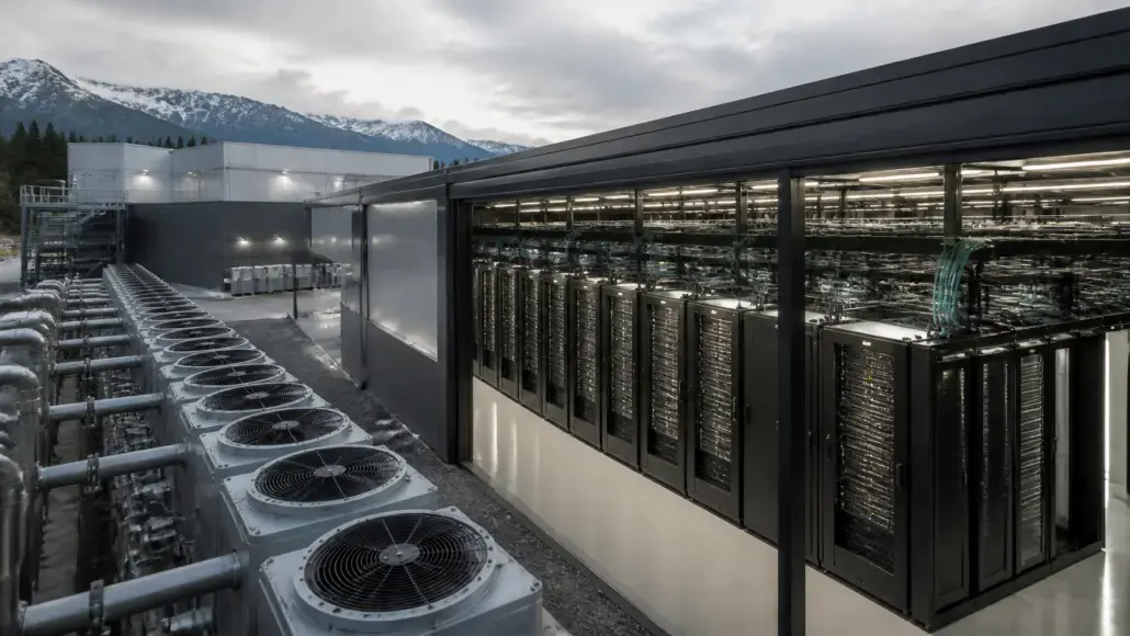 Row of outdoor cooling units beside a data center server racks housed in a glass-enclosed enclosure, with mountains in the distance.