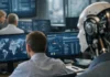 AI Transforming Anti Money Laundering Compliance Analysts monitor global data dashboards on multiple screens in a high-tech control room, with a robotic head nearby.