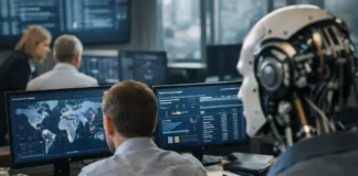 AI Transforming Anti Money Laundering Compliance Analysts monitor global data dashboards on multiple screens in a high-tech control room, with a robotic head nearby.
