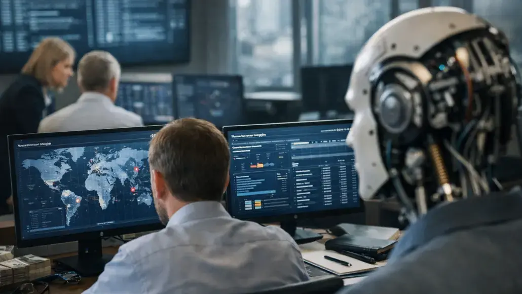 Analysts monitor global data dashboards on multiple screens in a high-tech control room, with a robotic head nearby.