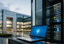 Munich Re Plans Cyber Insurance Acquisition of At-Bay Laptop showing a blue security shield screen beside a row of server racks outside a modern glass office building.