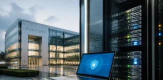 Munich Re Plans Cyber Insurance Acquisition of At-Bay Laptop showing a blue security shield screen beside a row of server racks outside a modern glass office building.