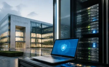 Munich Re Plans Cyber Insurance Acquisition of At-Bay Laptop showing a blue security shield screen beside a row of server racks outside a modern glass office building.