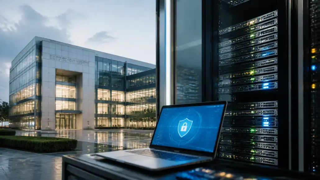 Laptop showing a blue security shield screen beside a row of server racks outside a modern glass office building.