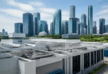 Singapore Commits S$220 Million to Boost Fintech Innovation Skyline of glass skyscrapers behind a white industrial building with exposed pipes on the roof.