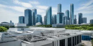 Singapore Commits S$220 Million to Boost Fintech Innovation Skyline of glass skyscrapers behind a white industrial building with exposed pipes on the roof.