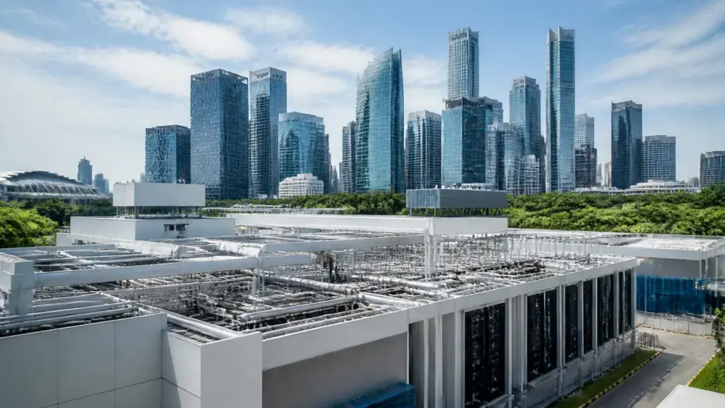 Skyline of glass skyscrapers behind a white industrial building with exposed pipes on the roof.