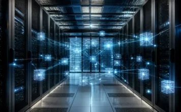 ECB Advances Plans for an Integrated European Tokenised Finance Market Server racks in a data center with glowing blue network nodes connected by lines.
