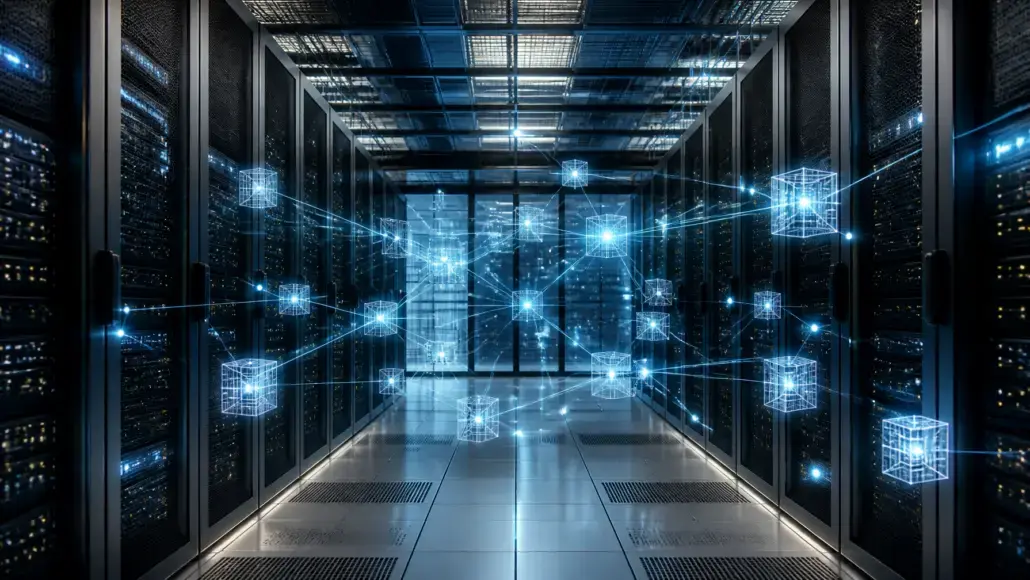 Server racks in a data center with glowing blue network nodes connected by lines.