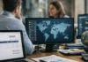 8 Best E-Invoicing Compliance Solutions for Global Mandates in 2026 Office workspace with multiple monitors displaying a world map, charts, and data; invoice on a laptop, globe on the desk, and colleagues in the background.