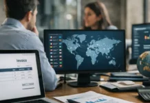 8 Best E-Invoicing Compliance Solutions for Global Mandates in 2026 Office workspace with multiple monitors displaying a world map, charts, and data; invoice on a laptop, globe on the desk, and colleagues in the background.