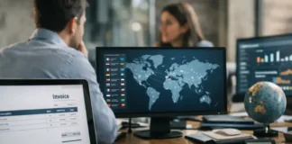8 Best E-Invoicing Compliance Solutions for Global Mandates in 2026 Office workspace with multiple monitors displaying a world map, charts, and data; invoice on a laptop, globe on the desk, and colleagues in the background.