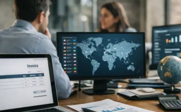 8 Best E-Invoicing Compliance Solutions for Global Mandates in 2026 Office workspace with multiple monitors displaying a world map, charts, and data; invoice on a laptop, globe on the desk, and colleagues in the background.