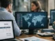 8 Best E-Invoicing Compliance Solutions for Global Mandates in 2026 Office workspace with multiple monitors displaying a world map, charts, and data; invoice on a laptop, globe on the desk, and colleagues in the background.