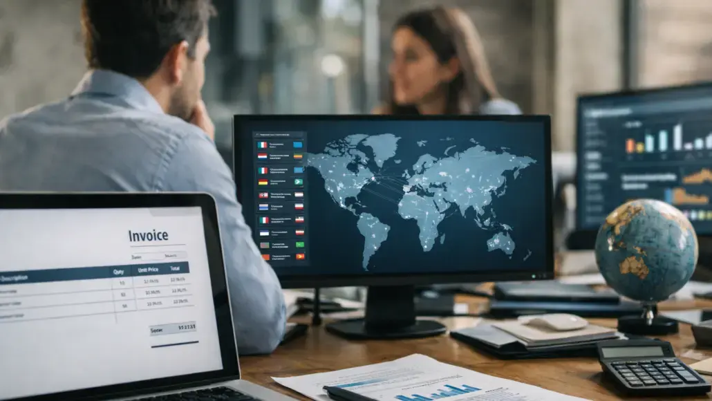 Office workspace with multiple monitors displaying a world map, charts, and data; invoice on a laptop, globe on the desk, and colleagues in the background.